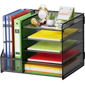 imageMarbrasse Desk Organizer with File Holder 5Tier Paper Letter Tray Organizer Mesh Desk Organizers and Accessories with Magazine Holder Desktop Organizer and Storage for Office Supplies BlackBlack