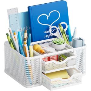imageMarbrasse Mesh Desk Organizer Pen Organizer with 2 Drawer MultiFunctional Pencil Holder for Desk Desk Organizers and Accessories with 5 Compartments  Drawer for Office Art Supplies BlackWhite