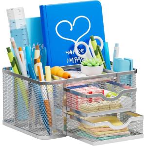 imageMarbrasse Mesh Desk Organizer Pen Organizer with 2 Drawer MultiFunctional Pencil Holder for Desk Desk Organizers and Accessories with 5 Compartments  Drawer for Office Art Supplies BlackSilver