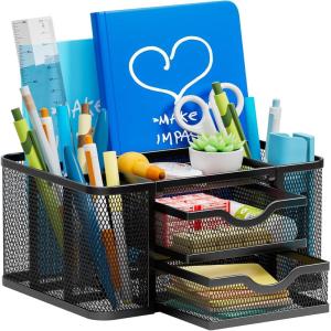 imageMarbrasse Mesh Desk Organizer Pen Organizer with 2 Drawer MultiFunctional Pencil Holder for Desk Desk Organizers and Accessories with 5 Compartments  Drawer for Office Art Supplies BlackBlack