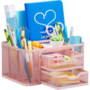 imageMarbrasse Mesh Desk Organizer Pen Organizer with 2 Drawer MultiFunctional Pencil Holder for Desk Desk Organizers and Accessories with 5 Compartments  Drawer for Office Art Supplies BlackPink