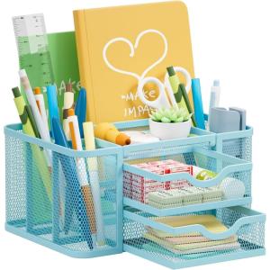 imageMarbrasse Mesh Desk Organizer Pen Organizer with 2 Drawer MultiFunctional Pencil Holder for Desk Desk Organizers and Accessories with 5 Compartments  Drawer for Office Art Supplies BlackBlue