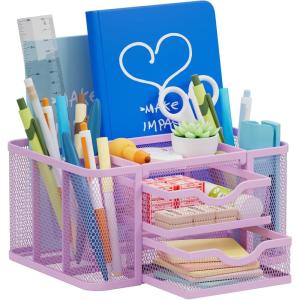 imageMarbrasse Mesh Desk Organizer Pen Organizer with 2 Drawer MultiFunctional Pencil Holder for Desk Desk Organizers and Accessories with 5 Compartments  Drawer for Office Art Supplies BlackPurple