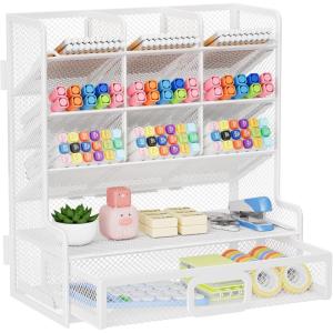 imageMarbrasse Larger Mesh Desk Organizer with Drawer MultiFunctional Pen Pencil Holder Easy Assembly Desk Organizers and Accessories for Office Art Supplies BlackWhite