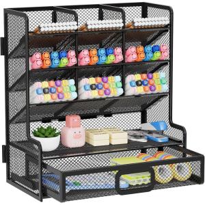 imageMarbrasse Larger Mesh Desk Organizer with Drawer MultiFunctional Pen Pencil Holder Easy Assembly Desk Organizers and Accessories for Office Art Supplies BlackBlack