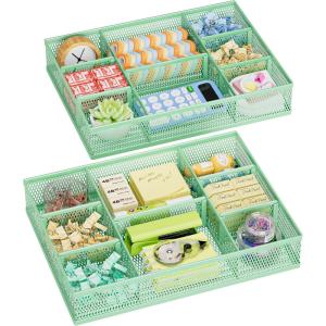 imageMarbrasse 2 Pack Desk Drawer Organizer Mesh Drawer Organizer Tray with 8 Adjustable Compartments Desk Organizers and Accessories 5 Dividers Drawer for Office Supplies Makeup ampamp Vanity BlackGreen