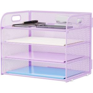 imageMarbrasse 4 Tier Paper Organizer Letter Tray  Mesh Desk File Organizer with Handle Paper Sorter Organizer for LetterA4 Office File Folder Holder Black 126quot x 91quot x 107quotPurple