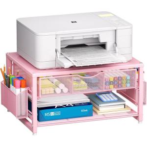 imageMarbrasse Metal Printer Stand for Desk with Storage Drawer and 2 Pen Holders 2Tier Desktop Organizer Printer Table for Home Office MultiPurpose Desk Organizer for Fax Machine Scanner FilesBlackPink
