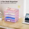 imageMarbrasse 5 Tier Paper Organizer with 3 Pen Holders Mesh Desk File Organizer with Handle Paper Sorter Desk Organizer for Home Office SuppliesBlackMesh File Organizer 5 Tierpink