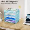 imageMarbrasse 5 Tier Paper Organizer with 3 Pen Holders Mesh Desk File Organizer with Handle Paper Sorter Desk Organizer for Home Office SuppliesBlackMesh File Organizer 5cblue