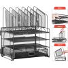 imageMarbrasse Desk organizer with Drawer 4Tier Wooden File Organizer with 5 Vertical File Holders and 2 Pen Holders Desk Organizers and Accessories for Home Office  Dark BrownMesh Vertical File Folder  01