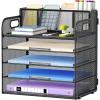 imageMarbrasse 5 Tier Paper Organizer with 3 Pen Holders Mesh Desk File Organizer with Handle Paper Sorter Desk Organizer for Home Office SuppliesBlack5 Tier With 3 Pen Holders