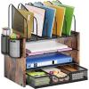 imageMarbrasse Desk organizer with Drawer 4Tier Wooden File Organizer with 5 Vertical File Holders and 2 Pen Holders Desk Organizers and Accessories for Home Office  Dark BrownWooden Mesh File OrganizerDark Brown
