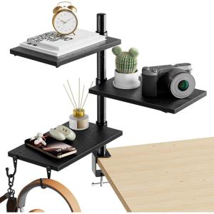 imageMarbrasse 3Tier Clamp on Desk Shelf Adjustable Above or Under Desktop Storage Shelf 360Rotatable Wood Standing Desk Organizer with HooksDesk Storage for Gaming DevicesBlackBlack