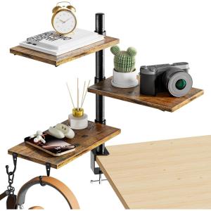imageMarbrasse 3Tier Clamp on Desk Shelf Adjustable Above or Under Desktop Storage Shelf 360Rotatable Wood Standing Desk Organizer with HooksDesk Storage for Gaming DevicesBlackBrown