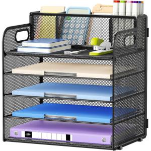 imageMarbrasse 5 Tier Paper Organizer with 3 Pen Holders Mesh Desk File Organizer with Handle Paper Sorter Desk Organizer for Home Office SuppliesBlack5 Tier With 3 Pen Holders
