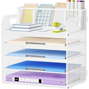 imageMarbrasse 5 Tier Paper Organizer with 3 Pen Holders Mesh Desk File Organizer with Handle Paper Sorter Desk Organizer for Home Office SuppliesBlack5 Tier With 3 Pen Holders  White