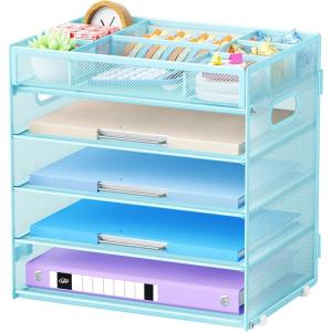 imageMarbrasse 5 Tier Paper Organizer with 3 Pen Holders Mesh Desk File Organizer with Handle Paper Sorter Desk Organizer for Home Office SuppliesBlackMesh File Organizer 5cblue