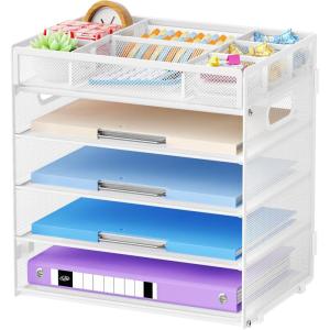 imageMarbrasse 5 Tier Paper Organizer with 3 Pen Holders Mesh Desk File Organizer with Handle Paper Sorter Desk Organizer for Home Office SuppliesBlackMesh File Organizer 5cw