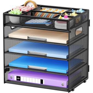 imageMarbrasse 5 Tier Paper Organizer with 3 Pen Holders Mesh Desk File Organizer with Handle Paper Sorter Desk Organizer for Home Office SuppliesBlackMesh File Organizer 5cb