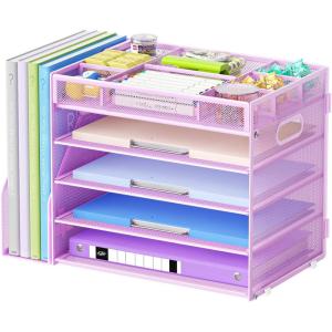 imageMarbrasse 5Tier Desk Organizer with File HolderPaper Letter Tray OrganizerDesktop File Organizer with Adjustable CompartmentsMesh Desk Organizers and Accessories for Office SuppliesBlackPurple