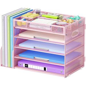 imageMarbrasse 5Tier Desk Organizer with File HolderPaper Letter Tray OrganizerDesktop File Organizer with Adjustable CompartmentsMesh Desk Organizers and Accessories for Office SuppliesBlackPink