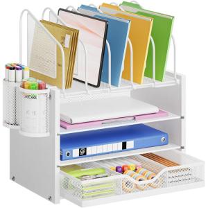 imageMarbrasse Desk organizer with Drawer 4Tier Wooden File Organizer with 5 Vertical File Holders and 2 Pen Holders Desk Organizers and Accessories for Home Office  Dark BrownWooden Mesh File OrganizerWhite