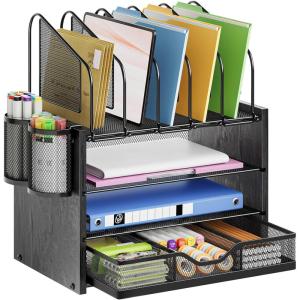 imageMarbrasse Desk organizer with Drawer 4Tier Wooden File Organizer with 5 Vertical File Holders and 2 Pen Holders Desk Organizers and Accessories for Home Office  Dark BrownWooden Mesh File OrganizerBlack