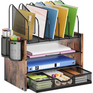 imageMarbrasse Desk organizer with Drawer 4Tier Wooden File Organizer with 5 Vertical File Holders and 2 Pen Holders Desk Organizers and Accessories for Home Office  Dark BrownWooden Mesh File OrganizerDark Brown