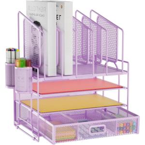 imageMarbrasse Desk organizer with Drawer 4Tier Wooden File Organizer with 5 Vertical File Holders and 2 Pen Holders Desk Organizers and Accessories for Home Office  Dark BrownPurple Vertical File Folder
