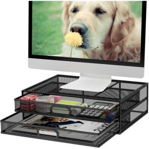 imageMarbrasse Monitor Stand Riser with Drawer  Metal Mesh Desk Organizer with Dual Pull Out Storage DrawerOffice Supply for Computer PC Laptop Printer Notebook iMac BlackBlack