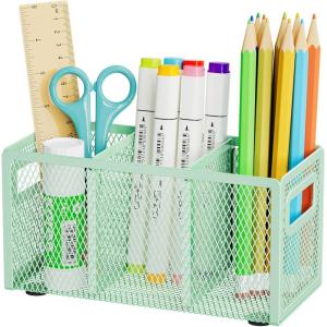 imageMarbrasse Mesh Pen Holder for DeskPencil Holder Desk Organizer 3 Adjustable CompartmentsPencil Cup with Handle Perfect for Classroom Office HomeMakeupArt PinkGreen