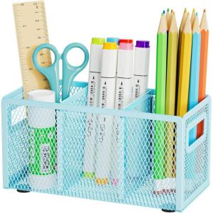 imageMarbrasse Mesh Pen Holder for DeskPencil Holder Desk Organizer 3 Adjustable CompartmentsPencil Cup with Handle Perfect for Classroom Office HomeMakeupArt PinkBlue
