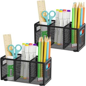 imageMarbrasse Mesh Pen Holder for DeskPencil Holder Desk Organizer 3 Adjustable CompartmentsPencil Cup with Handle Perfect for Classroom Office HomeMakeupArt PinkBlack 2P
