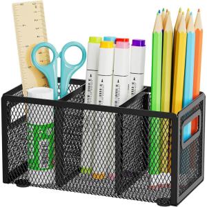imageMarbrasse Mesh Pen Holder for DeskPencil Holder Desk Organizer 3 Adjustable CompartmentsPencil Cup with Handle Perfect for Classroom Office HomeMakeupArt PinkBlack