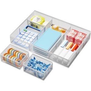 imageMarbrasse 3 Packs Desk Drawer Organizers Metal Mesh Dividers with 9 Adjustable Compartments Pen Organizer for Drawer Tray Box Accessories for DesktopKitchen MakeupPurpleWhite