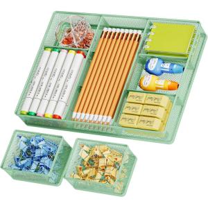 imageMarbrasse 3 Packs Desk Drawer Organizers Metal Mesh Dividers with 9 Adjustable Compartments Pen Organizer for Drawer Tray Box Accessories for DesktopKitchen MakeupPurpleGreen