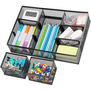 imageMarbrasse 3 Packs Desk Drawer Organizers Metal Mesh Dividers with 9 Adjustable Compartments Pen Organizer for Drawer Tray Box Accessories for DesktopKitchen MakeupPurpleBlack Drawer Organizer