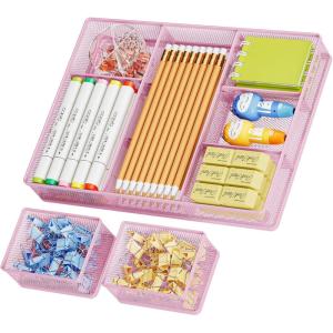imageMarbrasse 3 Packs Desk Drawer Organizers Metal Mesh Dividers with 9 Adjustable Compartments Pen Organizer for Drawer Tray Box Accessories for DesktopKitchen MakeupPurplePink