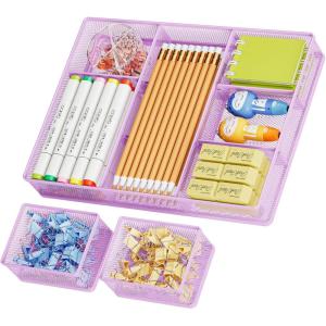 imageMarbrasse 3 Packs Desk Drawer Organizers Metal Mesh Dividers with 9 Adjustable Compartments Pen Organizer for Drawer Tray Box Accessories for DesktopKitchen MakeupPurplePurple