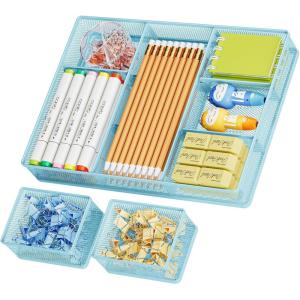 imageMarbrasse 3 Packs Desk Drawer Organizers Metal Mesh Dividers with 9 Adjustable Compartments Pen Organizer for Drawer Tray Box Accessories for DesktopKitchen MakeupPurpleBlue