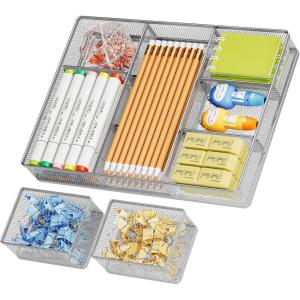 imageMarbrasse 3 Packs Desk Drawer Organizers Metal Mesh Dividers with 9 Adjustable Compartments Pen Organizer for Drawer Tray Box Accessories for DesktopKitchen MakeupPurpleSilver