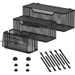 imageMarbrasse 3 Pack Cable Management Box Metal Mesh Cord Organizer Box for TV Wires Electrical Hiding Power Strip  Under Desk Cable Storage Box with Cable ClipsampampReusable Cable Ties for HomeOfficeBlack
