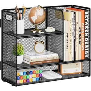 imageMarbrasse 3Tier Desk Shelf Organizer with Handle Desktop Bookshelf File Holder Mesh Display Shelf Organizer Storage Rack for Office Home Supplies Kitchen BlackDesk Shelf Organizer  Black