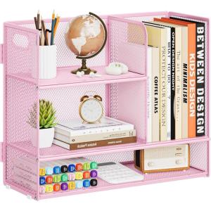 imageMarbrasse 3Tier Desk Shelf Organizer with Handle Desktop Bookshelf File Holder Mesh Display Shelf Organizer Storage Rack for Office Home Supplies Kitchen BlackDesk Shelf Organizer  Pink