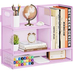 imageMarbrasse 3Tier Desk Shelf Organizer with Handle Desktop Bookshelf File Holder Mesh Display Shelf Organizer Storage Rack for Office Home Supplies Kitchen BlackDesk Shelf Organizer  Purple