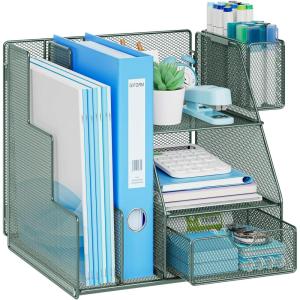 imageMarbrasse Desk Organizer and Accessories 3Tier File Organizer with Drawer and Pen Holder Small Desktop Organizer and Storage for Workspace Office Supplies BlackGreen