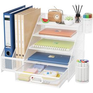 imageMarbrasse Desk Organizer and Accessories 3Tier File Organizer with Drawer and Pen Holder Small Desktop Organizer and Storage for Workspace Office Supplies BlackWhite01