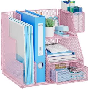 imageMarbrasse Desk Organizer and Accessories 3Tier File Organizer with Drawer and Pen Holder Small Desktop Organizer and Storage for Workspace Office Supplies BlackPink