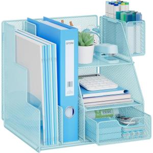 imageMarbrasse Desk Organizer and Accessories 3Tier File Organizer with Drawer and Pen Holder Small Desktop Organizer and Storage for Workspace Office Supplies BlackBlue